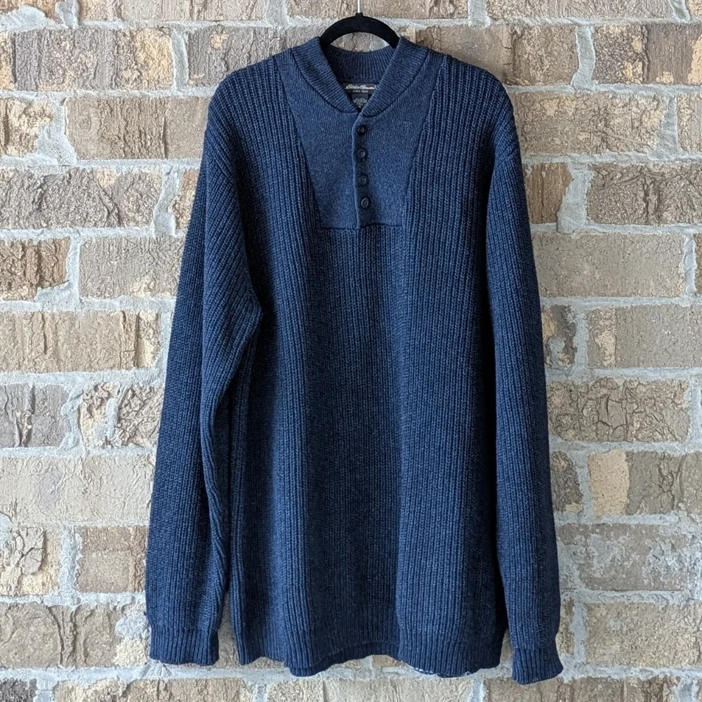 Vintage 90s Eddie Bauer Navy Blue Shaker Stitch Henley Sweater Size XL TALL